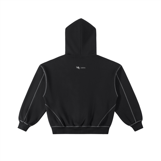Ninja Black Hoodie (Contrast-Stitched Boxy Fleece Zip Hoodie)