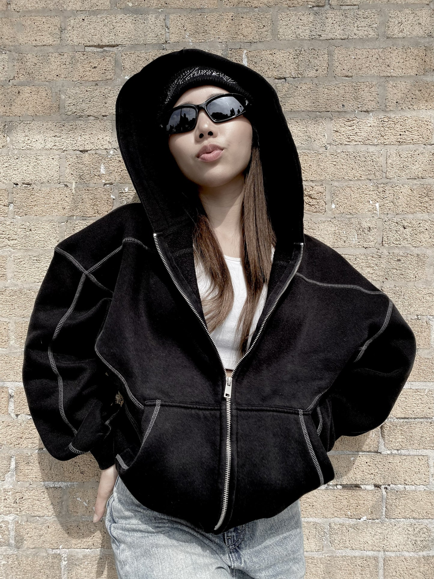 Ninja Black Hoodie (Contrast-Stitched Boxy Fleece Zip Hoodie)