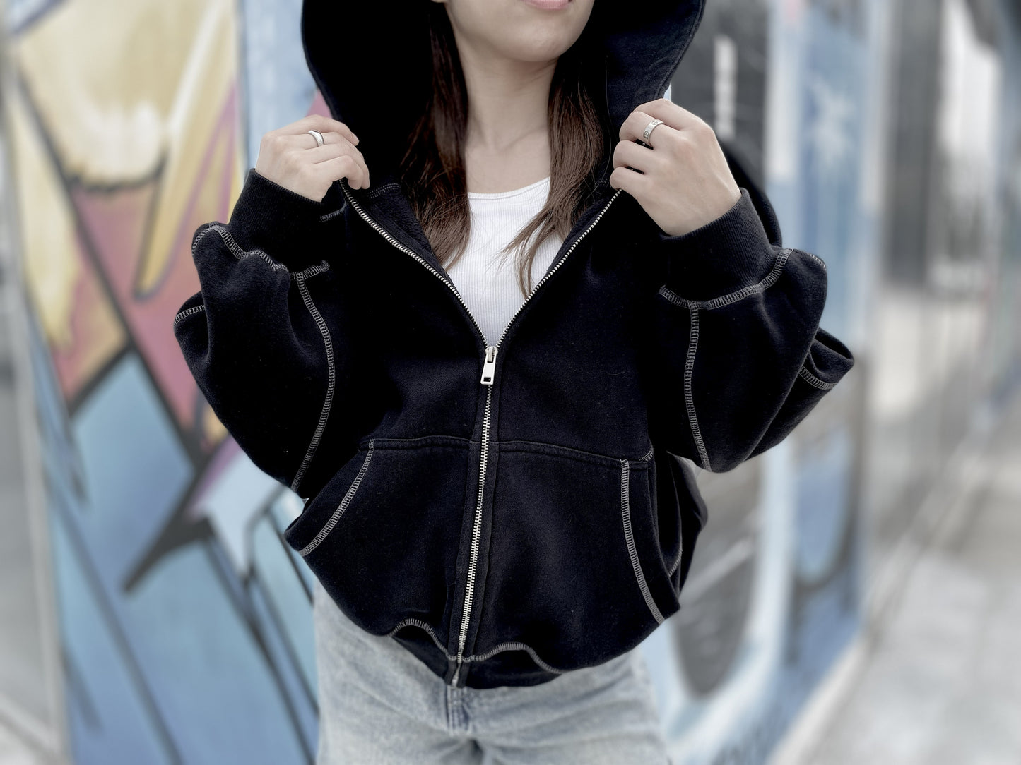 Ninja Black Hoodie (Contrast-Stitched Boxy Fleece Zip Hoodie)