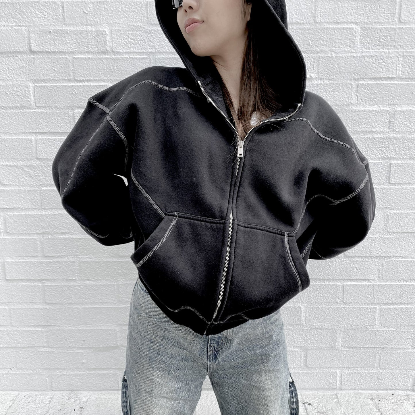 Ninja Black Hoodie (Contrast-Stitched Boxy Fleece Zip Hoodie)