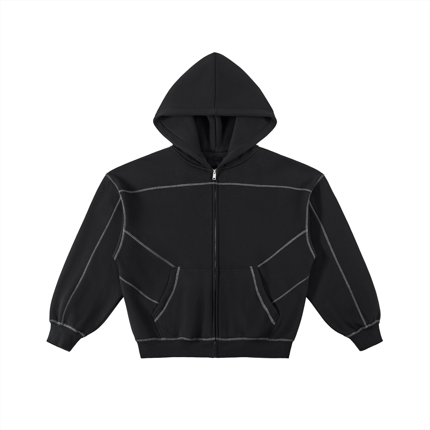 Ninja Black Hoodie (Contrast-Stitched Boxy Fleece Zip Hoodie)