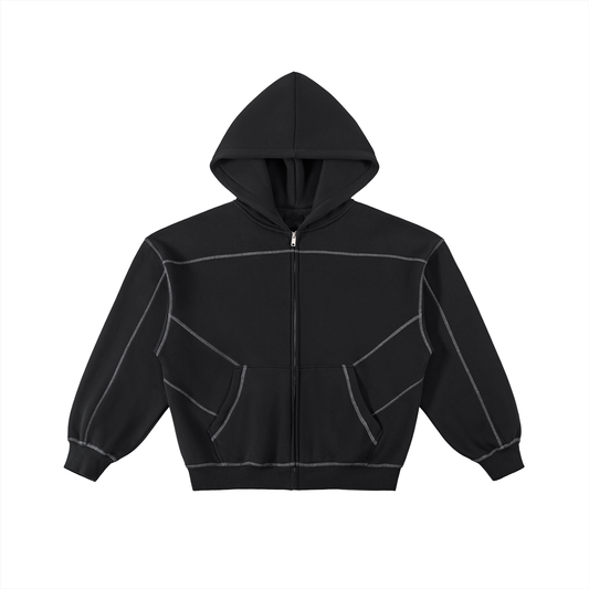 Ninja Black Hoodie (Contrast-Stitched Boxy Fleece Zip Hoodie)