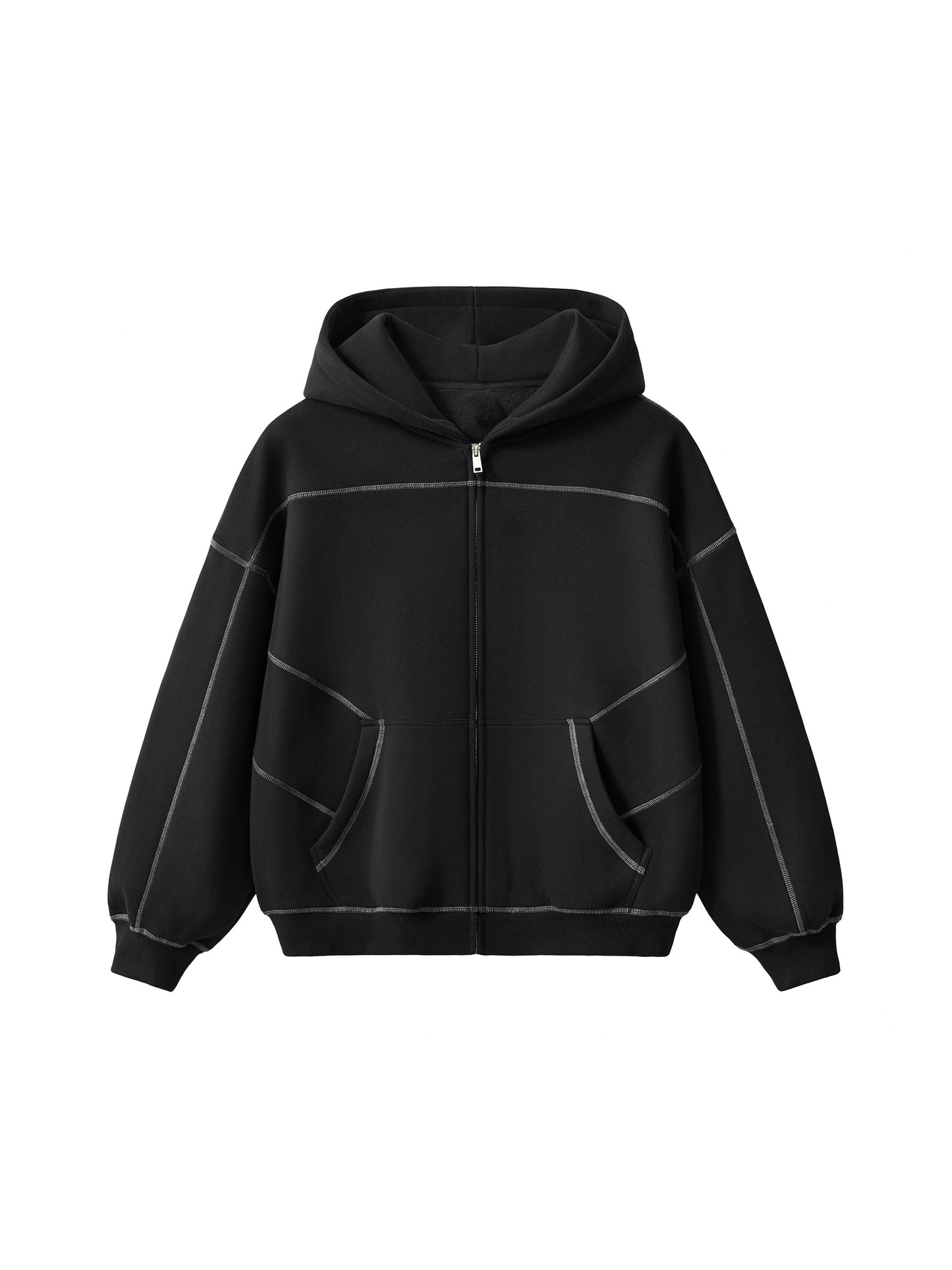 Ninja Black Hoodie (Contrast-Stitched Boxy Fleece Zip Hoodie)