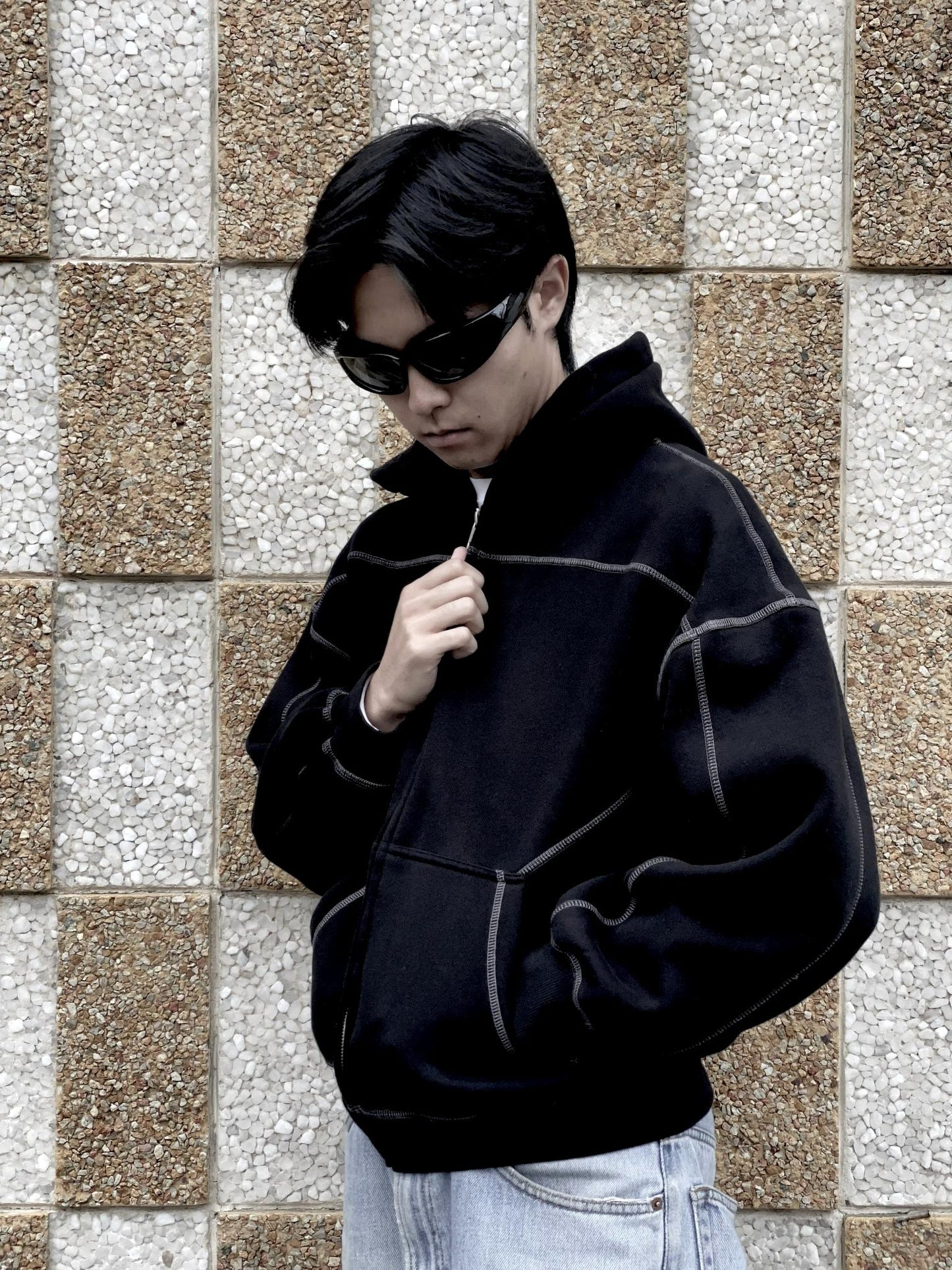 Ninja Black Hoodie (Contrast-Stitched Boxy Fleece Zip Hoodie)
